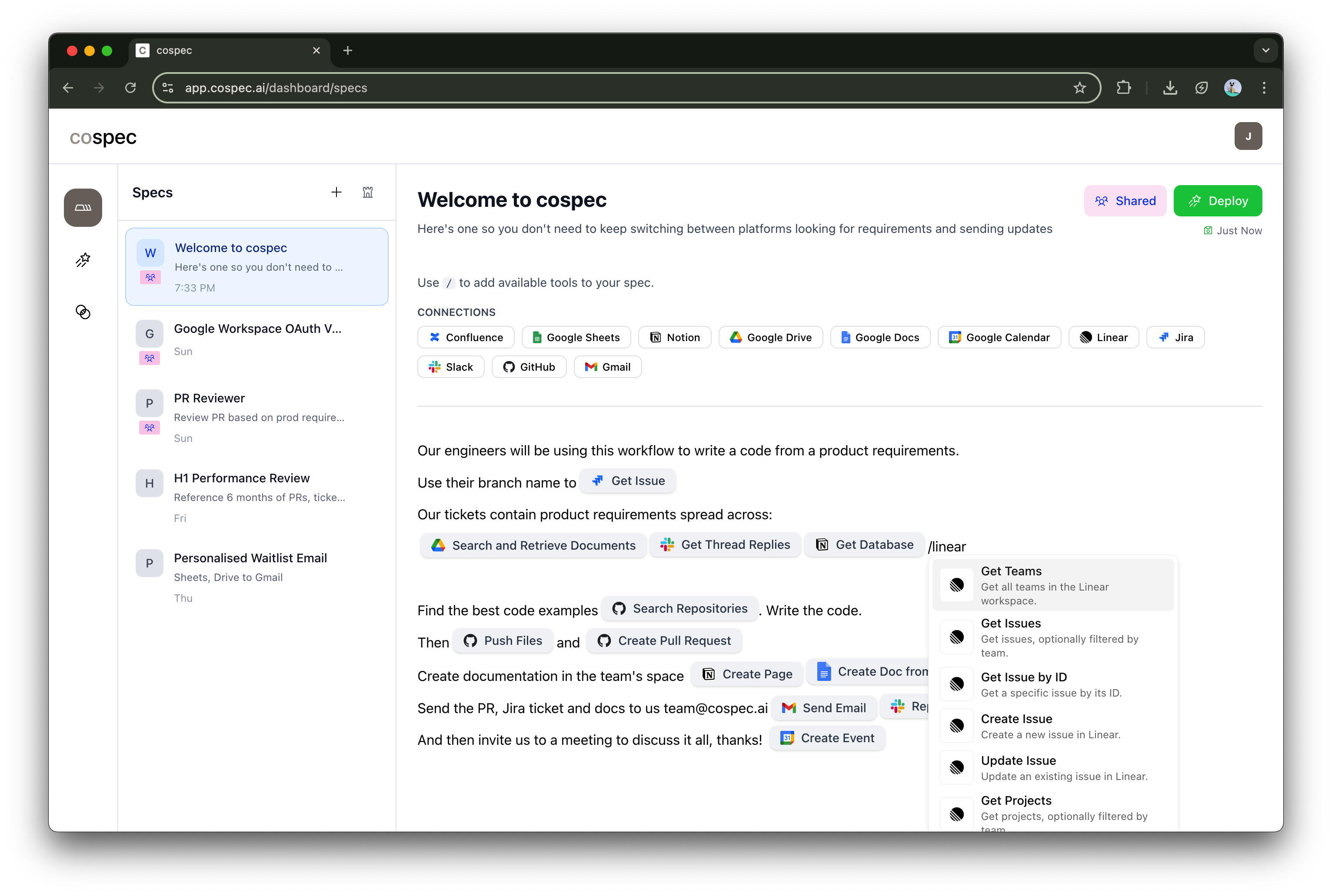 Spec Editor Interface - TipTap editor with toolbar, slash commands menu, and spec content