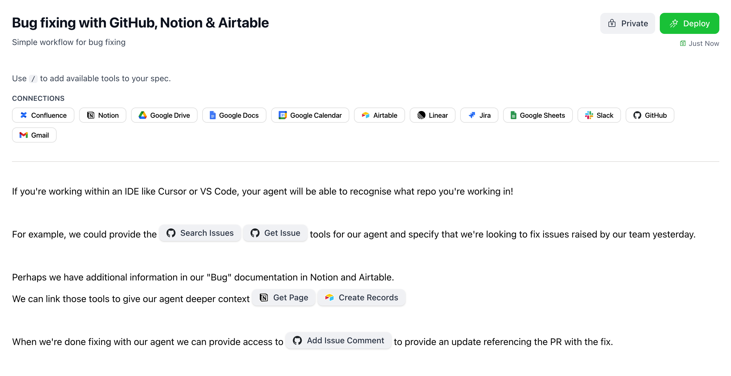 Workflow configuration showing bug fixing tools and parameters