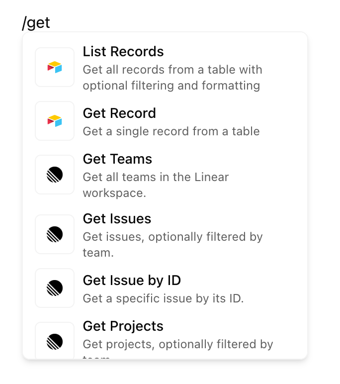 Slash command menu showing available tools and integrations